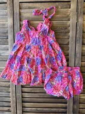 Blue Ginger Hawaiian Girls' Pink Floral Tiered Sundress Matching Bloomers 24 M
